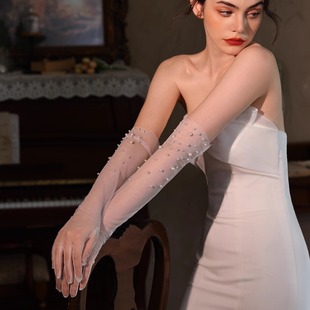 WG138新娘手套 优雅显瘦婚礼晚宴会薄纱手套 重手工钉珠优雅长款
