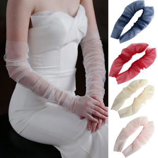 酒红色婚纱手套 超仙简约裸纱长款新娘结婚礼服配饰影楼拍照套袖