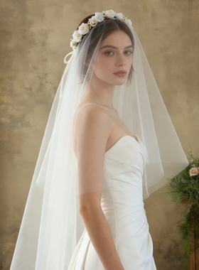 新娘花环头纱 森系复古超仙花朵拍照外景样片婚礼领证造型高透纱