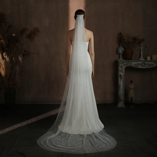V332复古长款 白色旅拍道具主婚纱头饰 单层珍珠拖尾新娘婚礼头纱