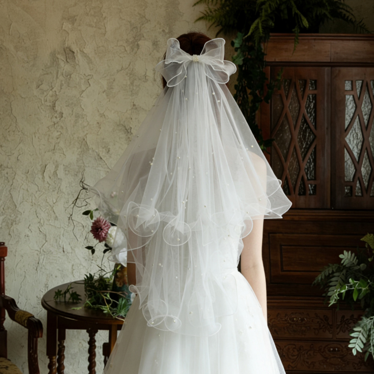 新娘领证登记结婚头纱超仙双层白色蝴蝶结卷边珍珠纱拍照道具头饰