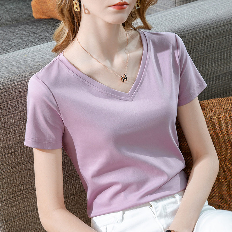 丹语丝光棉纯棉t恤女2026夏装新款修身气质V领短袖上衣薄款体恤女
