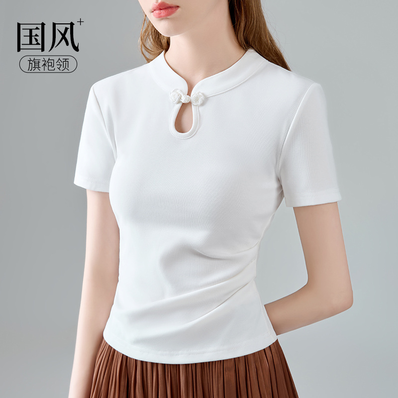 新中式国风t恤女短袖夏季2025新款设计感褶皱收腰盘扣修身上衣
