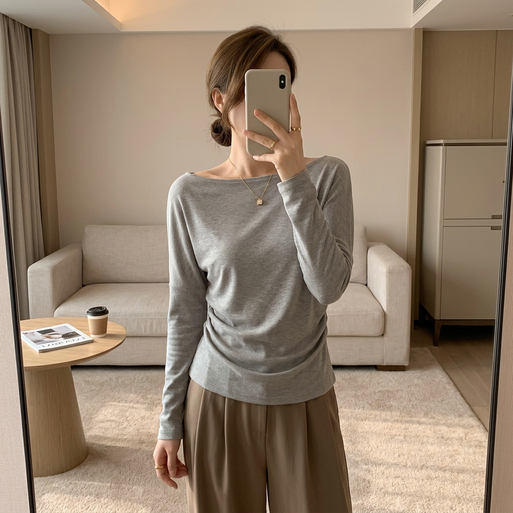 一字领莫代尔T恤女2026新款春夏内搭修身显瘦打底设计感长袖上衣