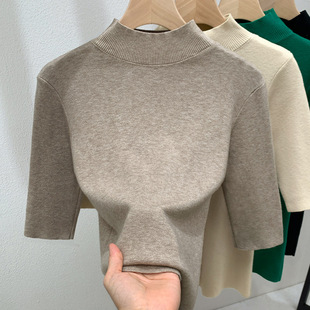 半高领中袖针织衫女士2025新款秋季薄款修身七分袖打底衫高端上衣