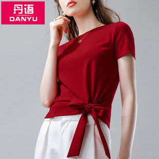 丹语纯色短袖 圆领棉体恤减龄蝴蝶结系带设计感上衣 t恤女夏季 半袖