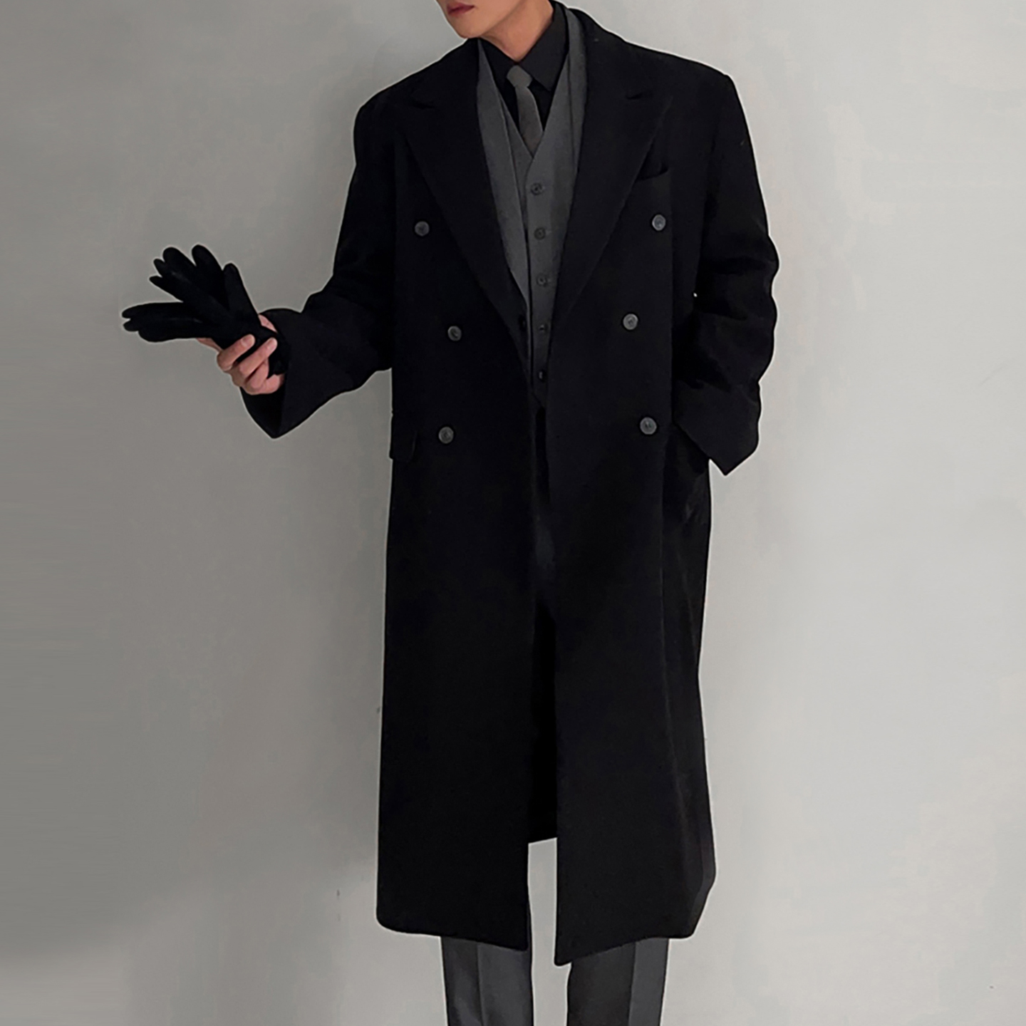 韩版男士垫肩中长款毛呢大衣