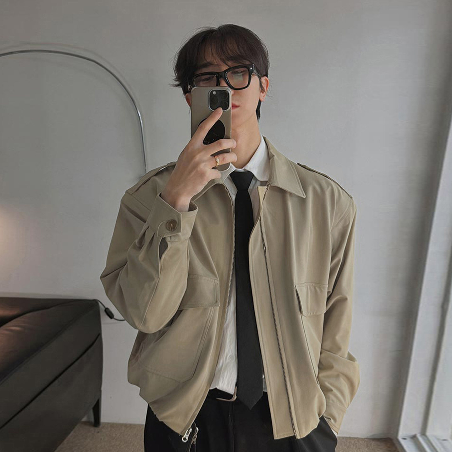 LOOKNFIT纯色拉链短款翻领夹克男