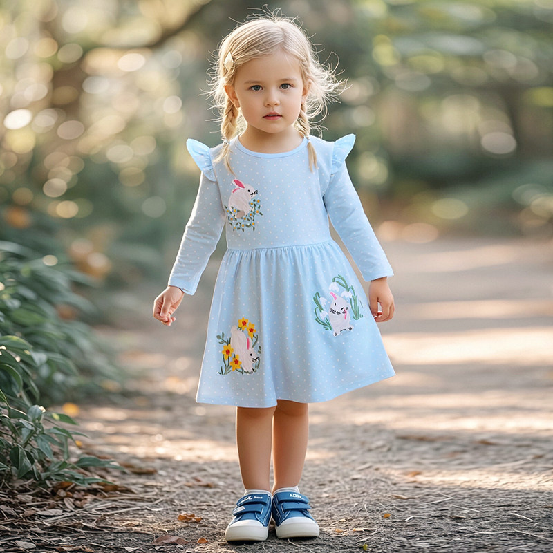 卡通风女童蓝色连衣裙秋季长袖刺绣波点中长裙中小童纯棉可爱童裙