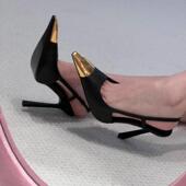 走秀 女2025新款 金属铁头高跟鞋 侧后空性感细跟包头凉鞋 朴彩英同款