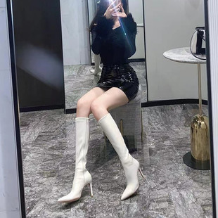 白色小长靴女2026新款秋冬瘦瘦靴尖头高跟鞋法式欧美细跟马丁靴子