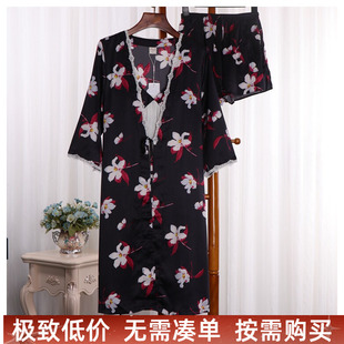 冰丝七分袖睡袍吊带短裤三件套家居服梭织仿真丝睡衣女春夏空调房