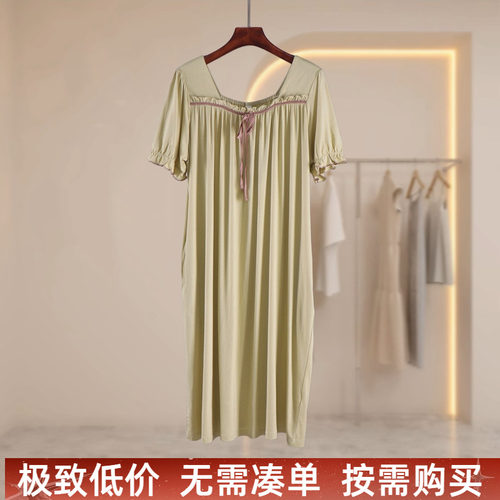 夏季莫代尔棉方领系带中长睡裙