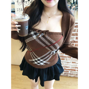 醉月衫【糖炒栗子】秋冬微胖大码女装抹胸针织开衫两件套修身裙子