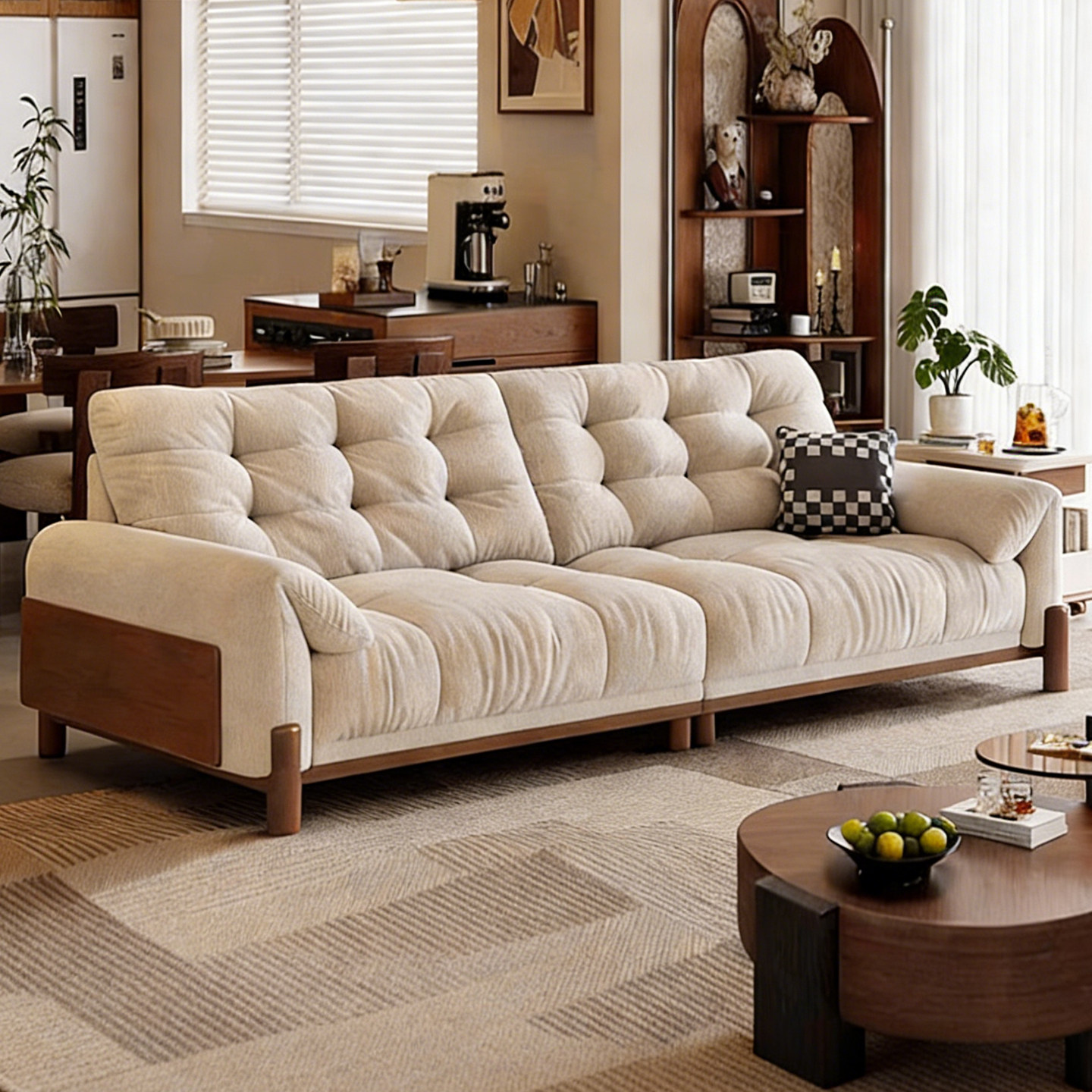 政府补贴蓝色理想古风实木沙发小户型客厅双人直排雪尼尔布艺沙发