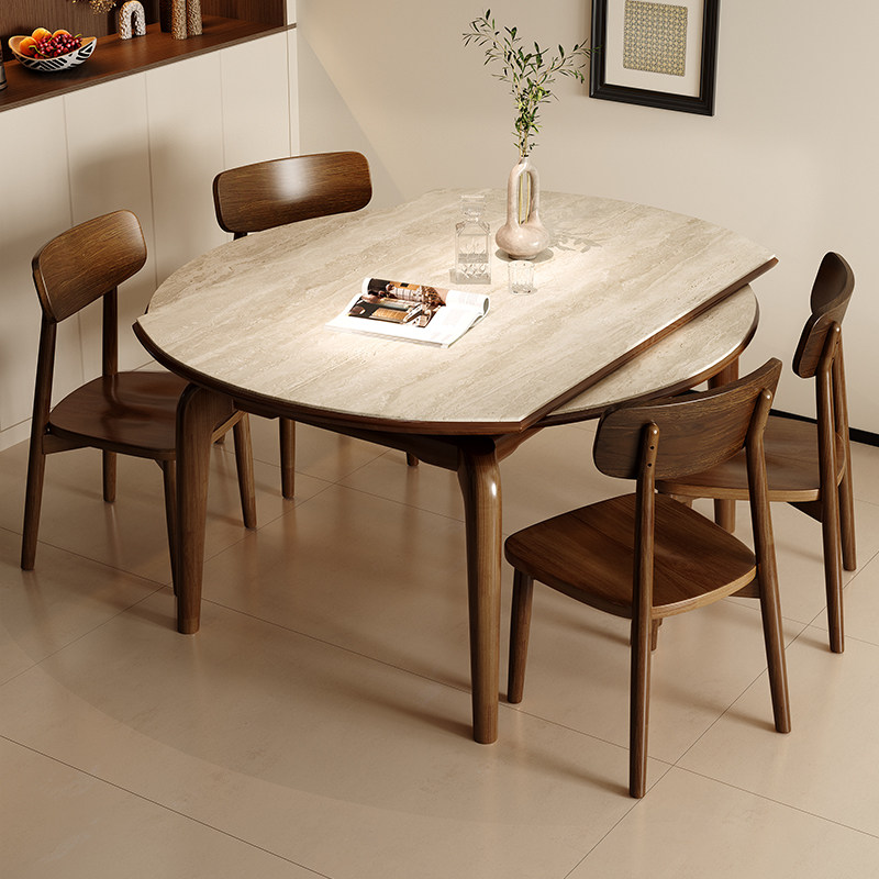 政府补贴蓝色理想实木洞石岩板餐桌椅组合家用法式方圆两用饭桌