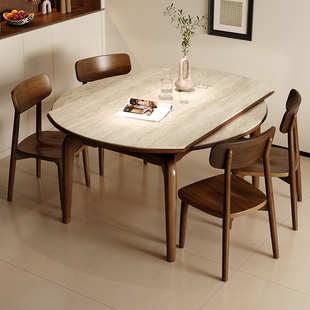 政府补贴蓝色理想实木洞石岩板餐桌椅组合家用法式方圆两用饭桌