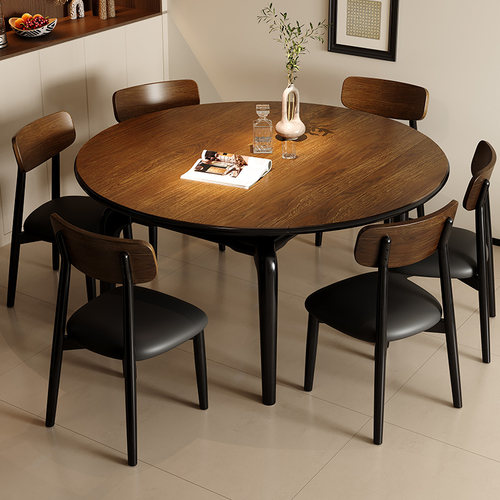 法式复古可伸缩实木岩板餐桌