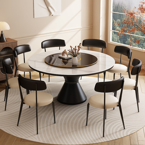 蓝色理想岩板餐桌高端别墅中古风圆桌意式轻奢简约现代家用饭桌