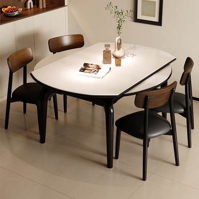 政府补贴蓝色理想实木岩板餐桌椅组合家用法式复古风方圆两用饭桌