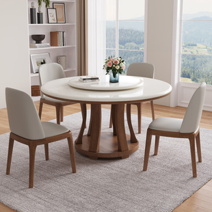 政府补贴蓝色理想实木餐桌椅组合家用小户型圆形大理石带转盘饭桌