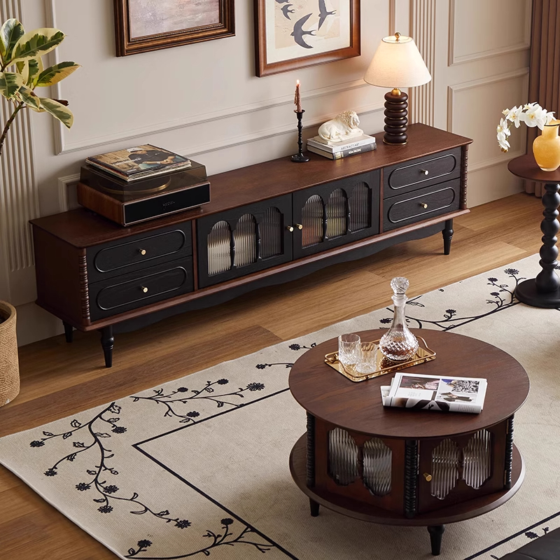 法式复古风实木电视柜茶几组合