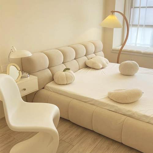 政府补贴蓝色理想奶油风泡芙床主卧双人床1.8米软包轻奢储物布床