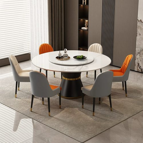 蓝色理想圆形岩板餐桌椅2026新款家用大理石圆桌饭店带旋转圆转盘