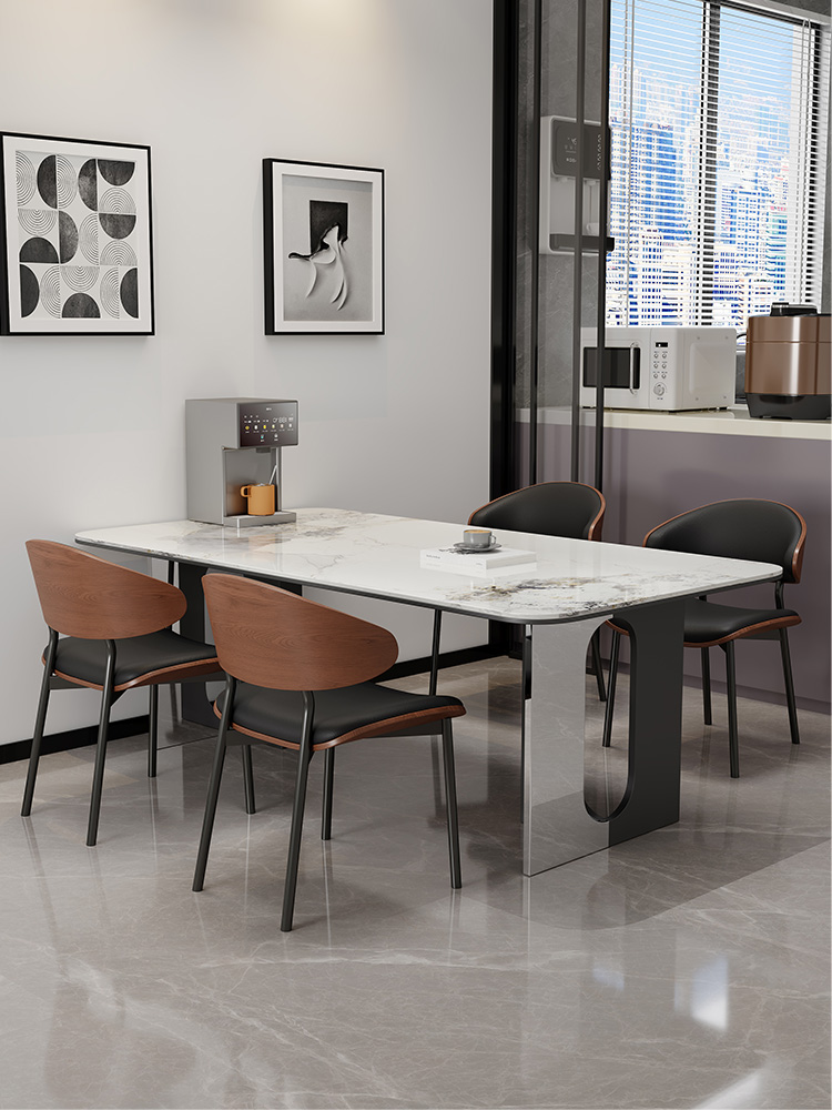 蓝色理想岩板餐桌椅组合现代简约小户型家用长方形意式极简吃饭桌