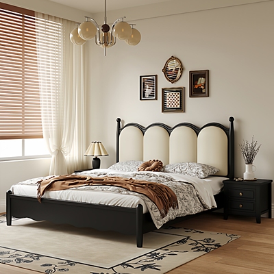 政府补贴蓝色理想法式复古黑色实木床中古风软包主卧1.8米双人床