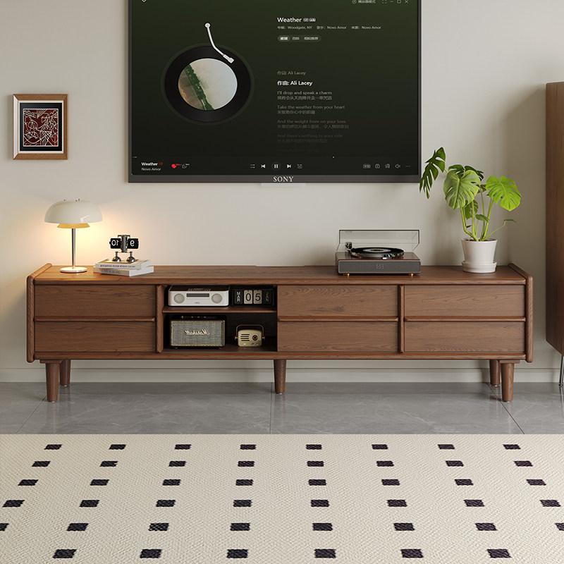 蓝色理想中古风全实木电视柜小户型客厅落地储物收纳一体柜胡桃色