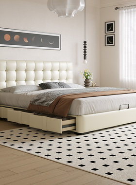 政府补贴蓝色理想华夫格主卧床复古极简真皮床高端大气1.8m双人床