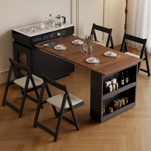 岛台餐桌一体可伸缩家用多功能现代简约轻奢高级感岩板餐桌椅组合