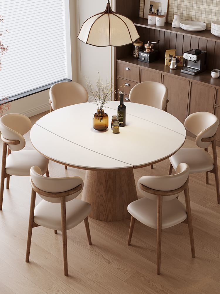 蓝色理想覆古实木岩板餐桌椅组合方圆两用可伸缩法式小户型饭桌