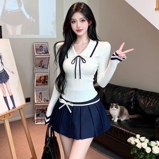 女春秋上衣一整套穿搭 毛衣搭配百褶裙套装 早春季 韩系纯欲风针织衫