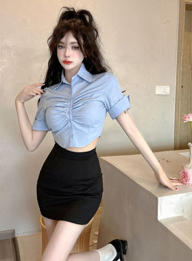 短款紧身蓝色衬衫搭配包臀短裙加上衣套装女ol制服秘书职业工作服