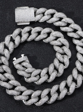 欧美新款超密微镶嘻哈项链18mm加密气泡古巴链弹簧扣锆石说唱项链