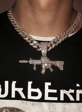 Submachine gun Necklace个性霸气满钻冲锋枪吊坠嘻哈男女古巴链