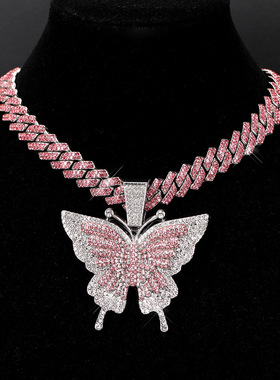 超闪男女粉色满钻蝴蝶菱形古巴链