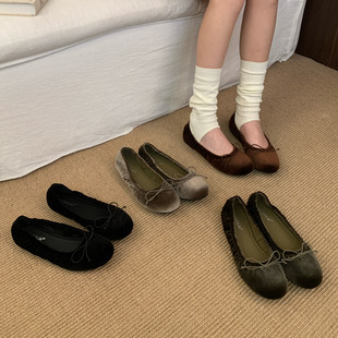 复古牛反绒蝴蝶结芭蕾舞鞋女平底浅口单鞋软底蛋卷鞋孕妇奶奶鞋子