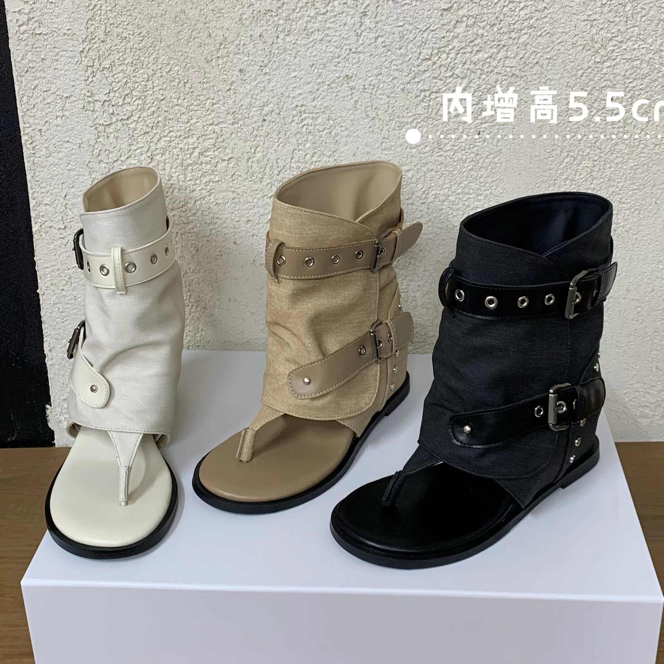 罗马凉鞋内增高跟机车靴皮带扣短筒夹趾人字凉靴女夏季薄款短靴子