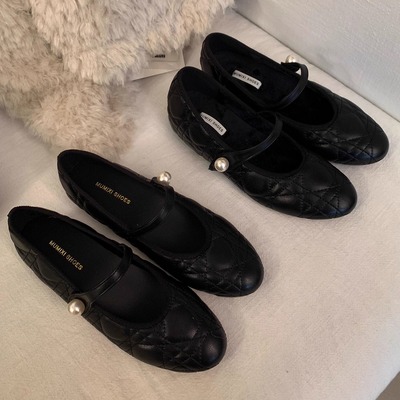 加绒毛毛玛丽珍鞋女冬珍珠一字带