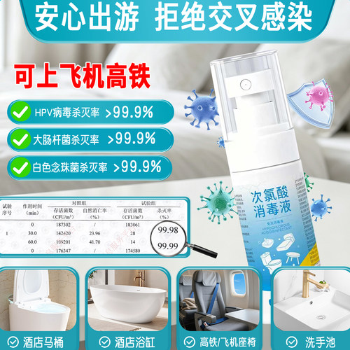 HPV消毒喷雾旅行酒店厕所马桶床单次氯酸便携专用杀菌液