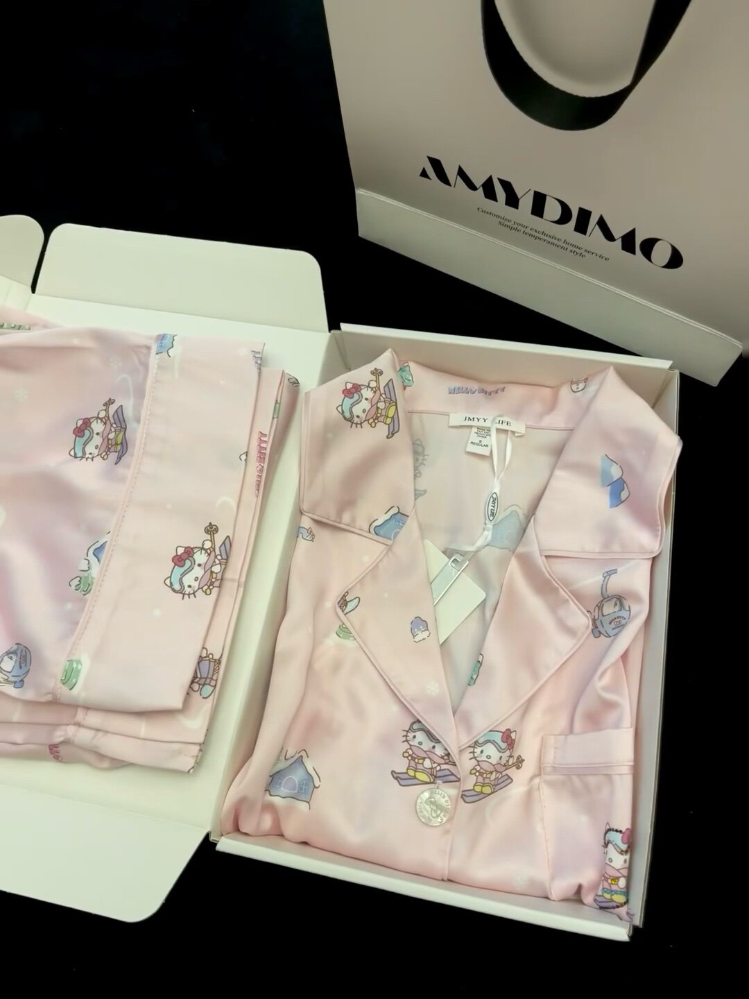 【kitty】 凯蒂猫睡衣春夏款女明星同款粉色烫钻真冰丝家居服套装