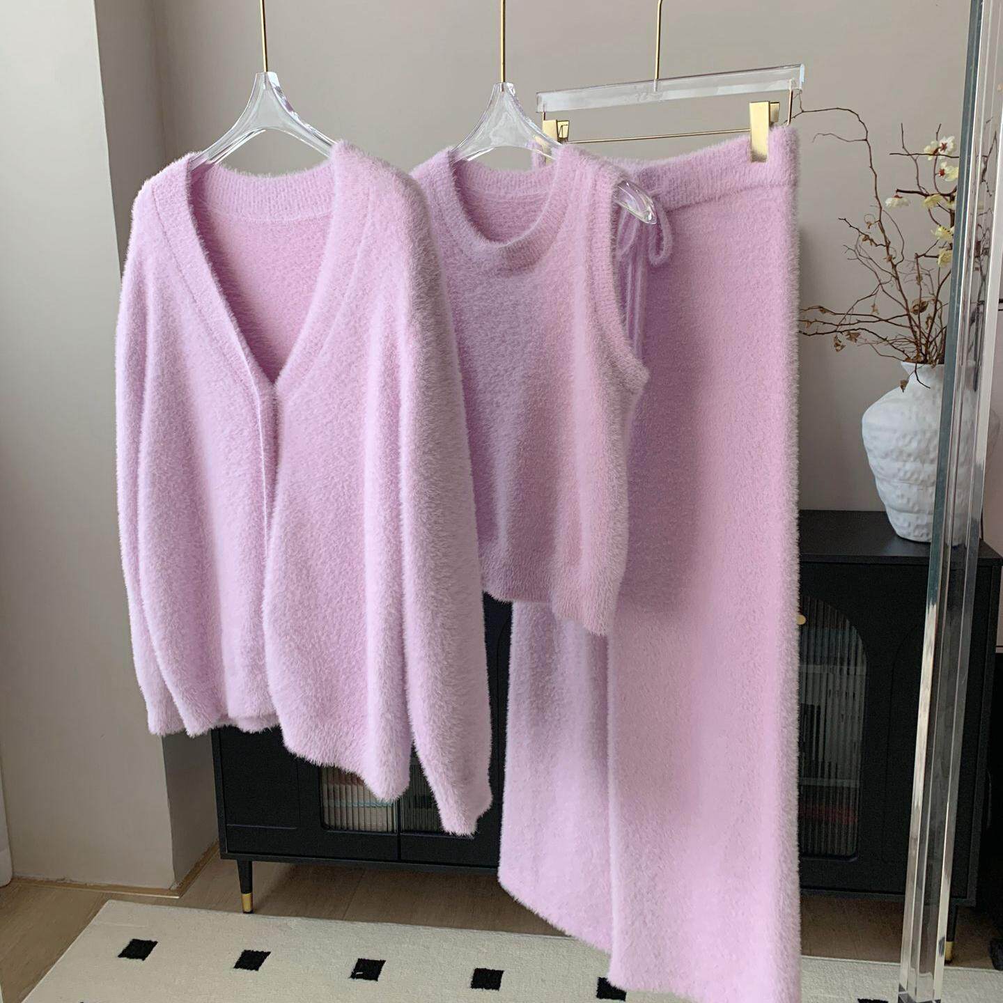 高极感睡衣女仿水貂绒简约慵懒加厚背心外套家居服三件套装可外穿