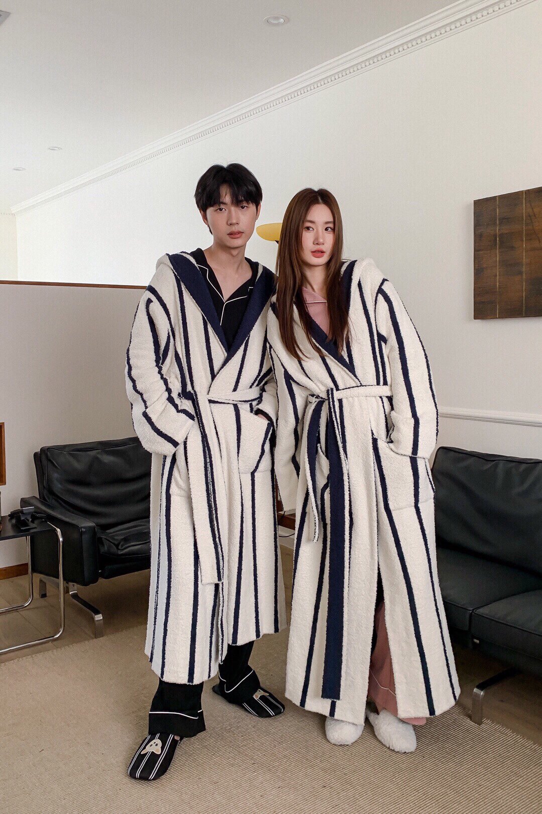 北欧睡袍秋冬女加厚加绒半边绒条纹浴袍软绵绵袍子情侣长款睡衣男