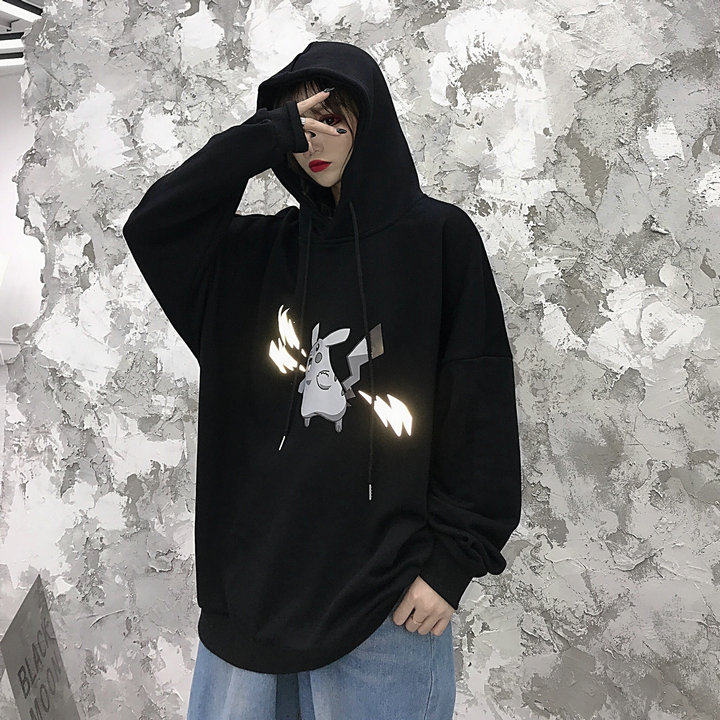 2019秋季新款潮ins皮卡丘反光宽松连帽卫衣男士嘻哈圆领港风上衣