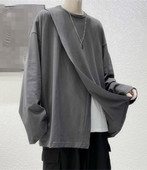 拼接长袖 秋季 2020新款 T恤男复古港味日系ins潮流上衣学生纯色体恤