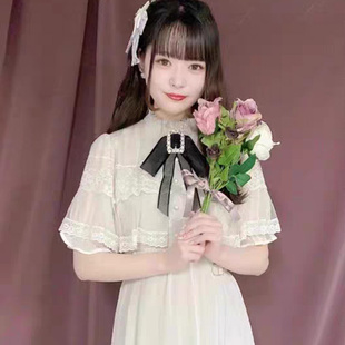 日系 ROJITA优雅夏日系罩纱带胸针双层蕾丝清楚系斗篷连衣裙女