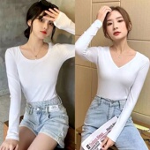 女长袖 2020新款 秋冬装 打底衫 百搭圆V领白色紧身t恤女内搭修身 上衣